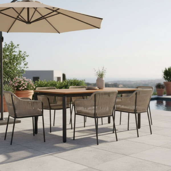 Picture of Dining table, bora, aluminium black matt, teak natural, 100x180x76cm