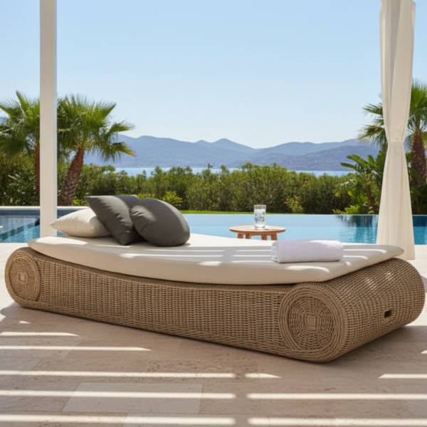 Picture of Sunbed, baia, aluminium caramel, rattan light brown, cushion champagne, 221x85x34cm