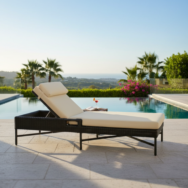 Picture of Sun lounger, elisir, aluminium bronze, rattan bronze carbon,  2 cushions champagne, (b&s) 76.2x203.2x39.5cm