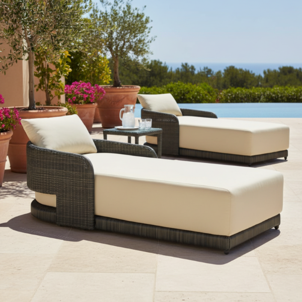 Picture of Sun lounger, pure, aluminium grey tortora, rattan bronze carbon, 2 cushions champagne  (s&b) 85.6x169.7x55.9cm