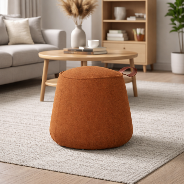 Picture of Pouf, dot, natural leather, with handle, orange 50x50x42cm