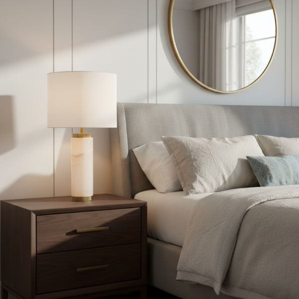 Picture of Table lamp, alabaster+steel fabric shade, φ38*h66cm