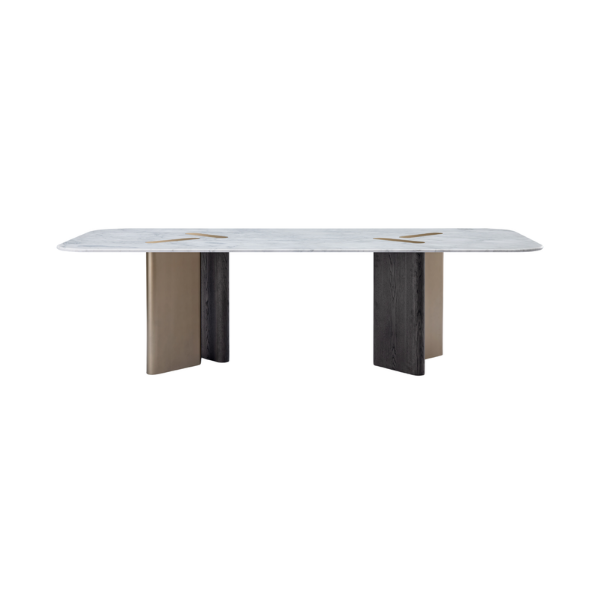Picture of Dining table, otto, top white as fair metal, bottom frame wooden legs, brass metallic paint, 260x110x76cm