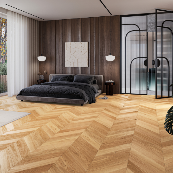 Picture of Engineered wood flooring, caramel chevron 130, oak light brown, 725x130x14mm