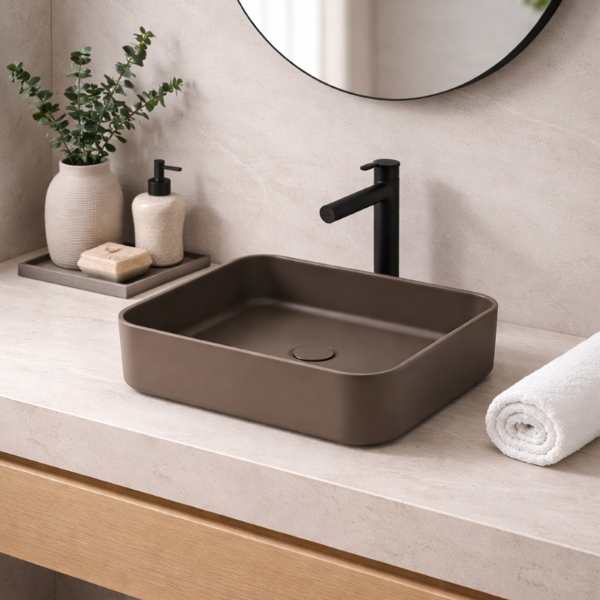 Picture of Shui comfort square basin, ceramic, countertop, cacao, matte, 40x40 cm