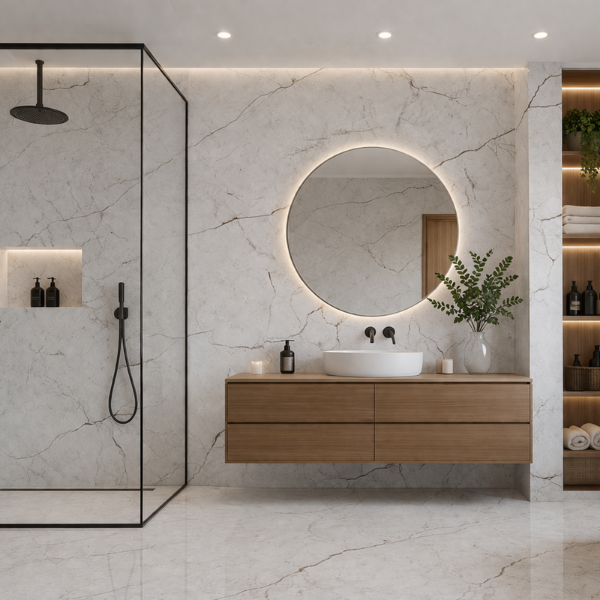 Picture of Floor tile avorio bianco, marble effect, glossy, 60x60
