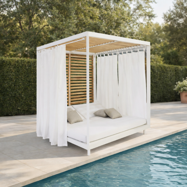 Picture of Gazebo, quadra, aluminium white-teak natural, cushions titanium, 210x219x223.4cm