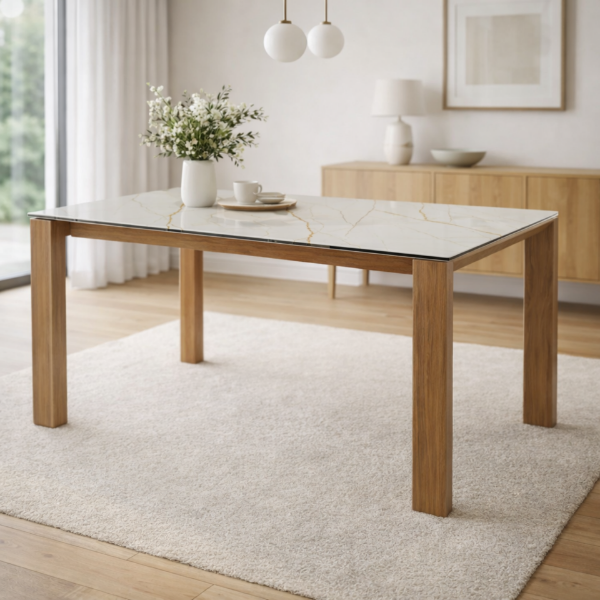 Picture of Dining table, omnia, ceramic ,extandable, canaletto walnut legs, golden statuary glossy top, 220(280)x100x75(h) cm