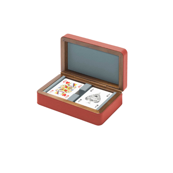 Picture of Cards wooden box, giobagnara x frau, walnut wood , pelle frau  leather, two compartments holding a branded deck of cards, red+steel blue,19x12 cm 