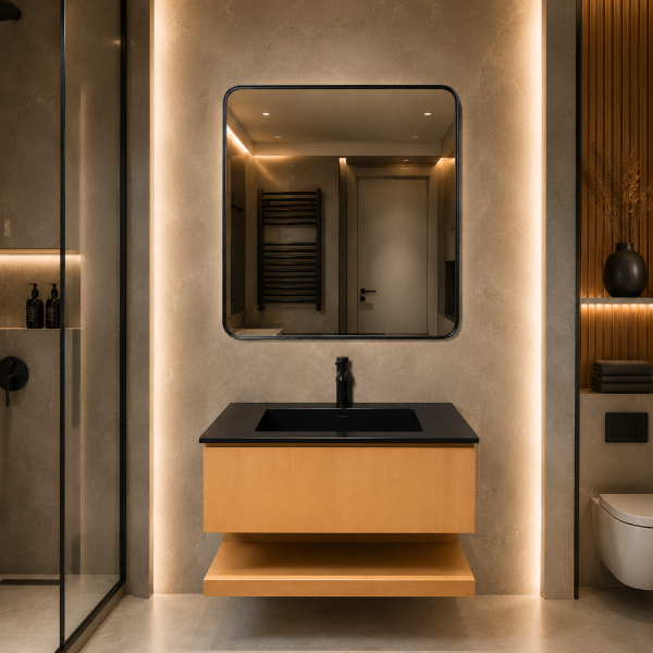 Picture of Rea bathroom furniture set, solid wood cabinet, resin basin, 80 cm