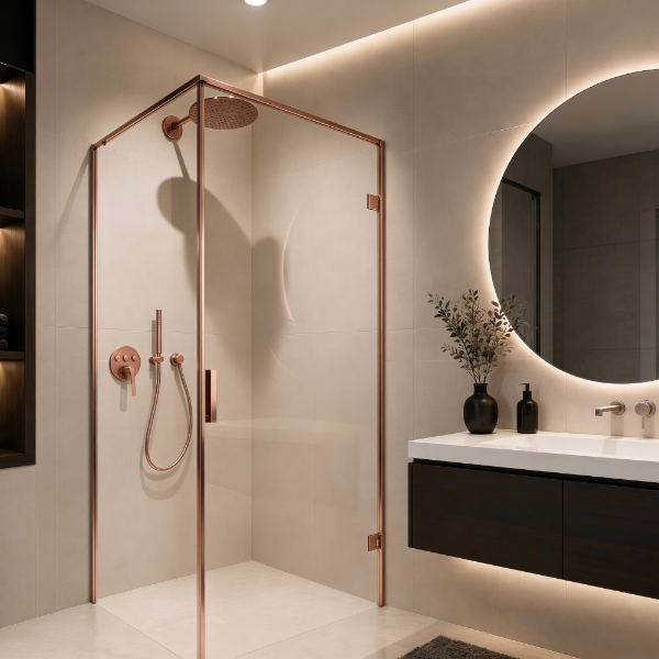 Picture of Rectangular shower enclosure, brushed rose gold profile, left, 90x90x200 8mm