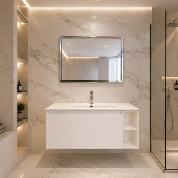 Picture of Alpha bathroom furniture set, solid wood cabinet, porcelain basin, white, 100x55.5