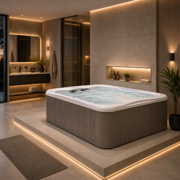 Picture of Lodge s hot tub with hydromassage, acrylic, freestanding, silverwood color 200x185x90