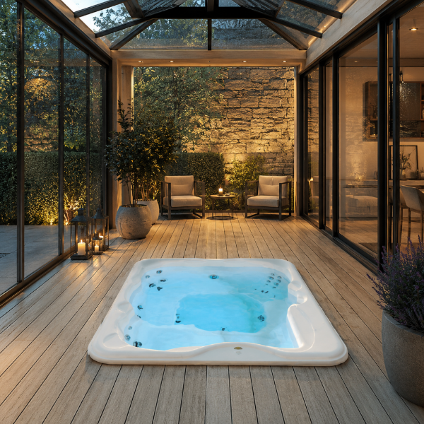 Picture of Lodge s hot tub with hydromassage, acrylic, built-in, porcelain color 211x223x90