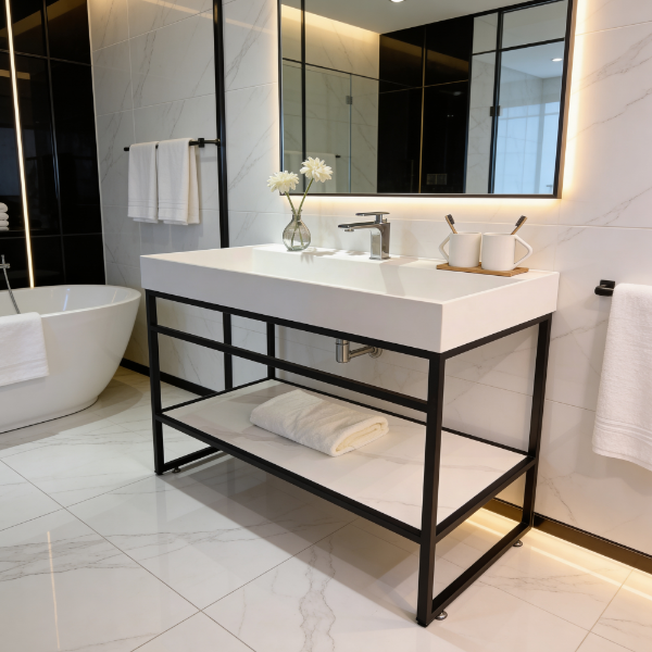 Picture of Gaia bathroom furniture set 119.9x50.2x85.6, resin left plain basin, mirror 60x90, black, matte