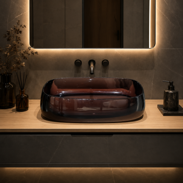 Picture of Transparent oval basin, resin, countertop, deep purple, 58x38x14