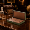 Picture of Wooden box, domino, walnut wood tiles with leather inlays, covered in pelle frau leather,limo+india, 27,8x18,6cm