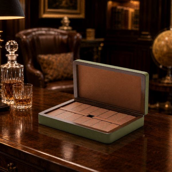 Picture of Wooden box, domino, walnut wood tiles with leather inlays, covered in pelle frau leather,limo+india, 27,8x18,6cm