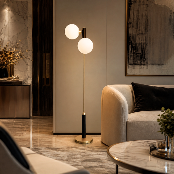 Picture of Floor lamp, steel brushed brass & opal glass&walnut wood finish: ab (s-013), size l65.4*h164cm, socket:e27*2