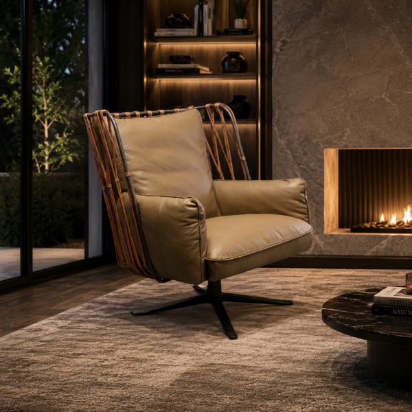 Picture of Armchair, argo boss, iron metal, full leather, koala grey brown, 90x99x103cm