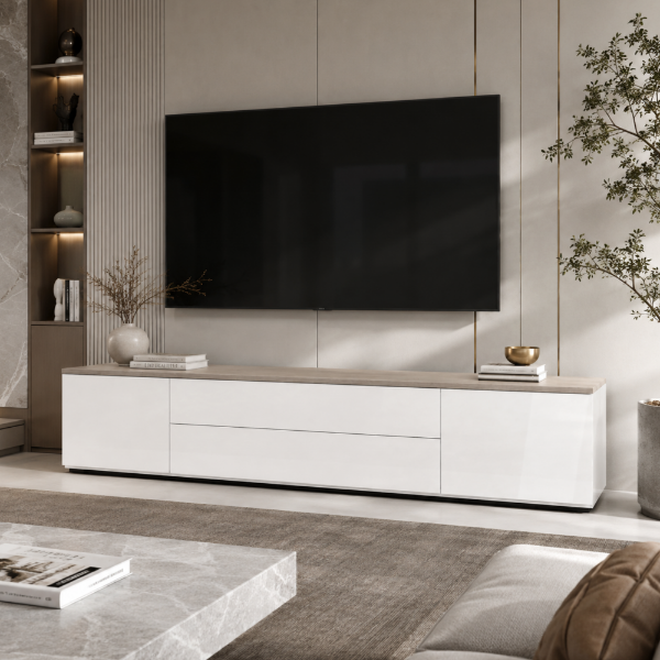 Picture of Tv base, privilegio, 2 doors and 2 flaps, white glossy, 200X44.2X45(H) cm