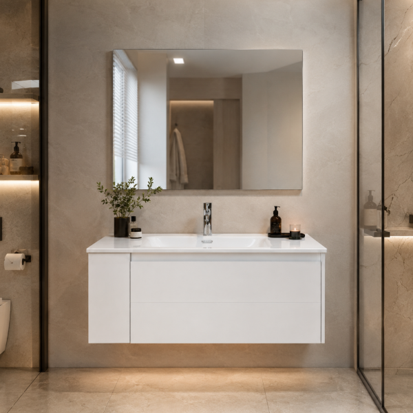 Picture of Alpha bathroom furniture set, solid wood cabinet, porcelain basin, white, 100x55.5
