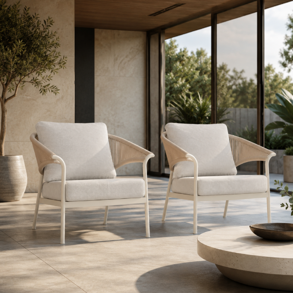Picture of Armchair, celine, ivory frame, cushion beige, natural rope, 87x81x82cm