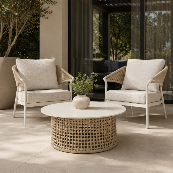 Picture of Coffee table, lima, ceramic top, white, natural rope, d.90x35cm