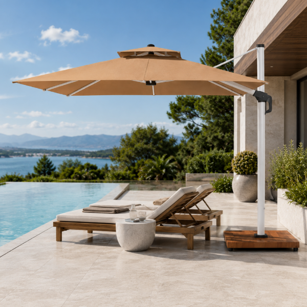 Picture of Umbrella, mykonos, fabric+aluminum, white+beige, 300x300cm