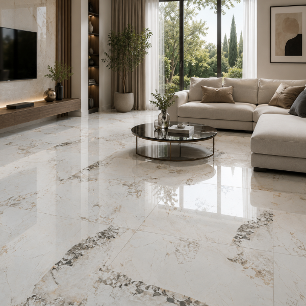 Picture of Floor tile pandora white, marble effect, glossy, 60x60cm
