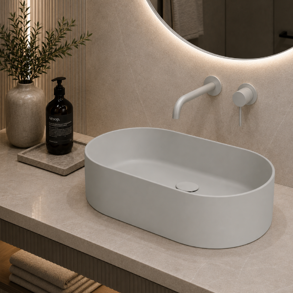 Picture of Kube x oval basin, ceramic, freestanding, light grey, matte, 60x37cm