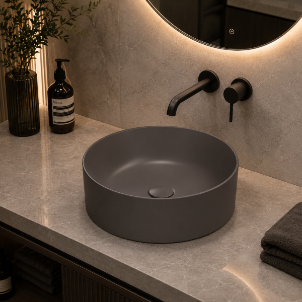 Picture of Kube x round basin, ceramic, countertop, dark brown, matte, 45 cm