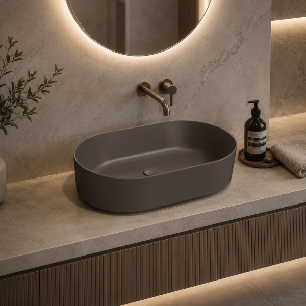Picture of Kube x oval basin, ceramic, freestanding, dark brown, matte, 60x37cm