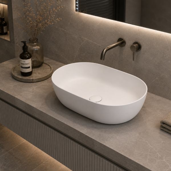 Picture of Pura oval basin, ceramic, freestanding, white, matte, 60x37cm