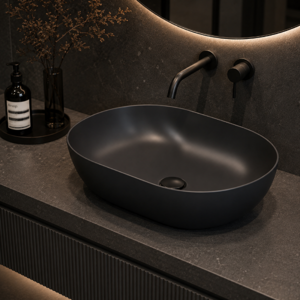 Picture of Pura oval basin, ceramic, freestanding, anthracite, matte, 60x37 cm