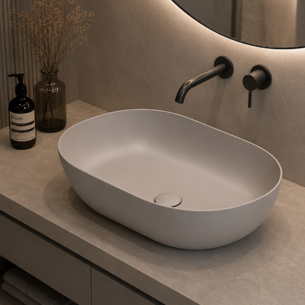 Picture of Pura oval basin, ceramic, freestanding, light brown, matte, 60x37 cm