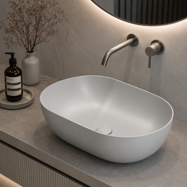 Picture of Pura oval basin, ceramic, freestanding, light grey, matte, 60x37cm