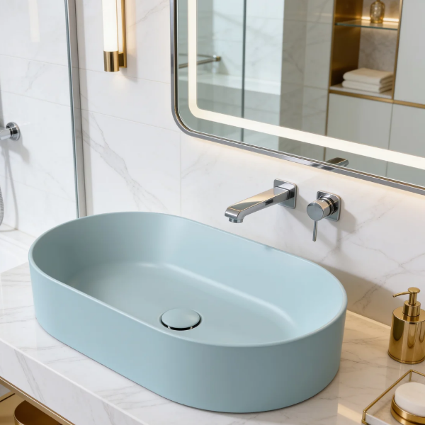Picture of Kube x oval basin, ceramic, freestanding, ice mint, matte, 60x37 cm