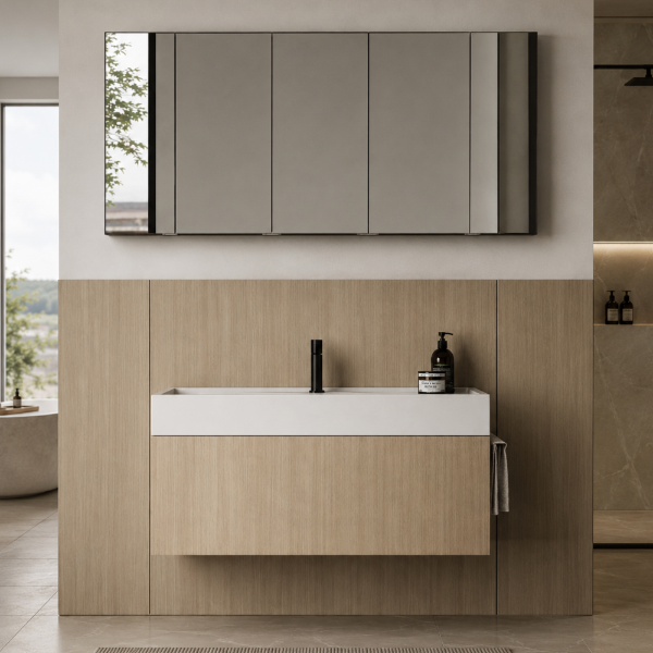 Picture of Atina bathroom furniture set, solid wood cabinet, resin basin, 100 cm