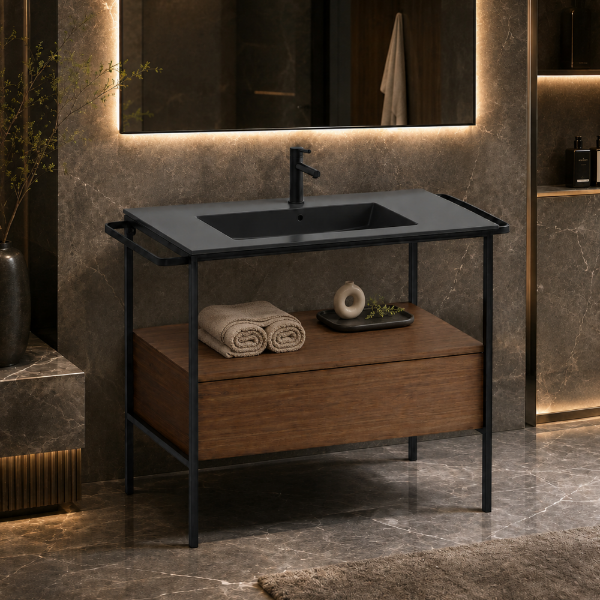Picture of Pura bathroom furniture, wall hung/floor-standing, walnut, black matte, 79.6x44.5x62.5 cm