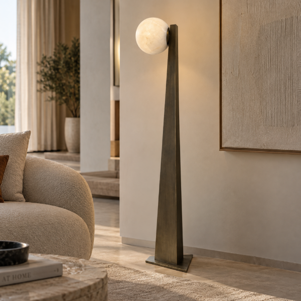 Fotografia e Abazhur dyshemeje Geometric, celik, alabaster dhe finiture alumini – 34×25×173 cm.